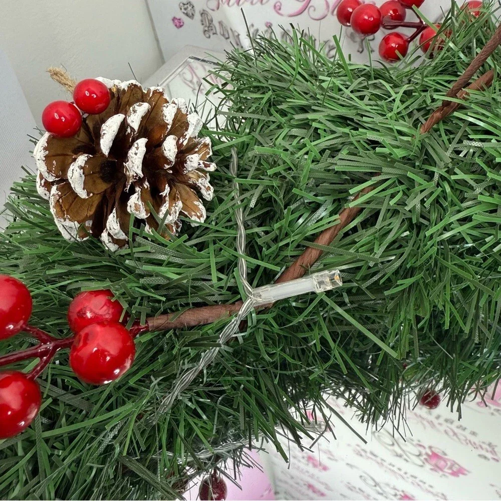 Wreath light up Festive Holiday Wreath acorns Red and Green Plaid Bow lights